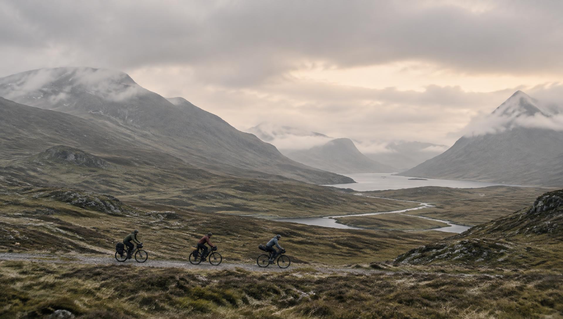 Friends bikepacking together at dusk
