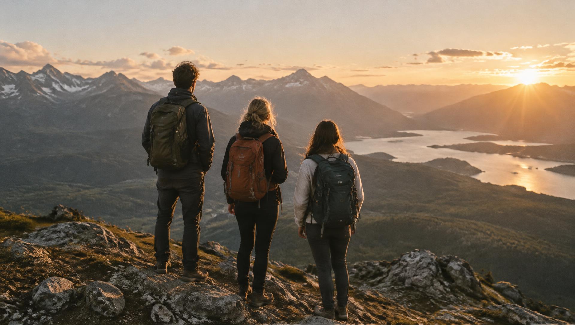 Three friends with backpacks looking out from a mountain ridge at sunrise
