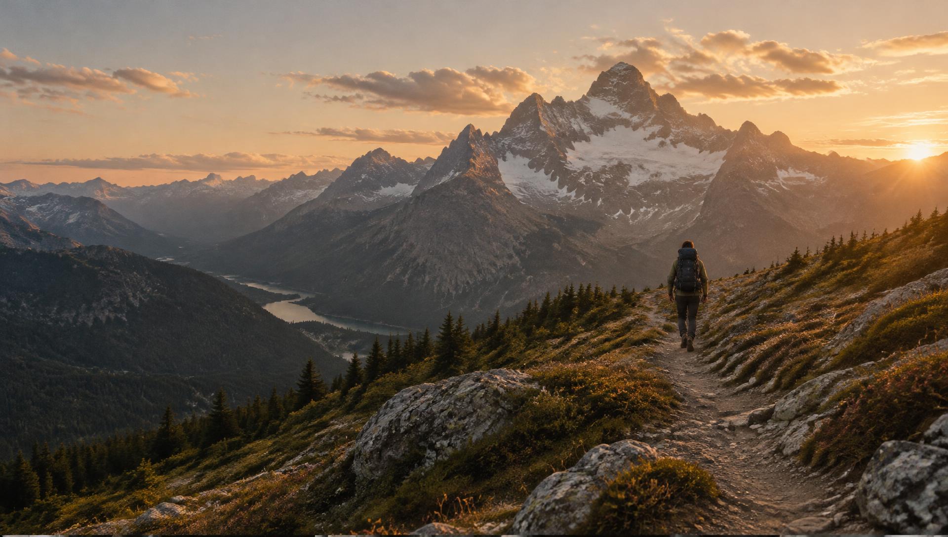 A hiker walking a mountain trail towards snow-capped peaks at golden hour